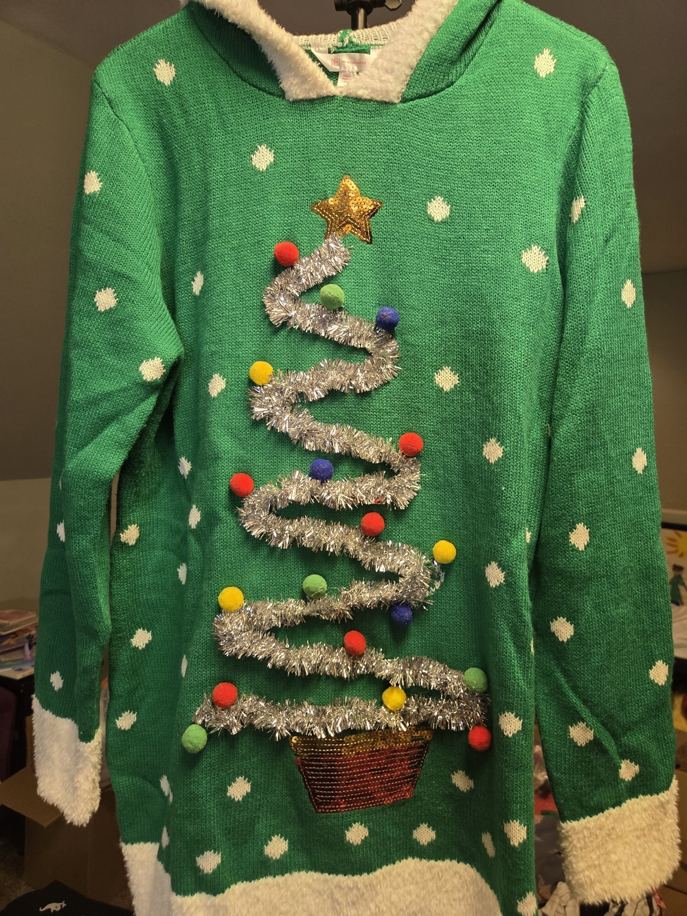 No Boundaries Green Crewneck Holiday Sweater with Tinsel Tree and Pom-Poms